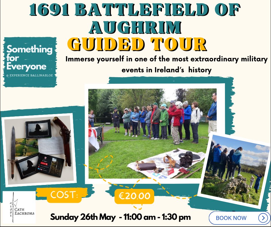 Join us for a tour of the Battlefield as part of the #ExperienceBallinasloe weekend! 🚨 tickets are limited 🚨 More information available here, or just message us tickettailor.com/events/ballina…