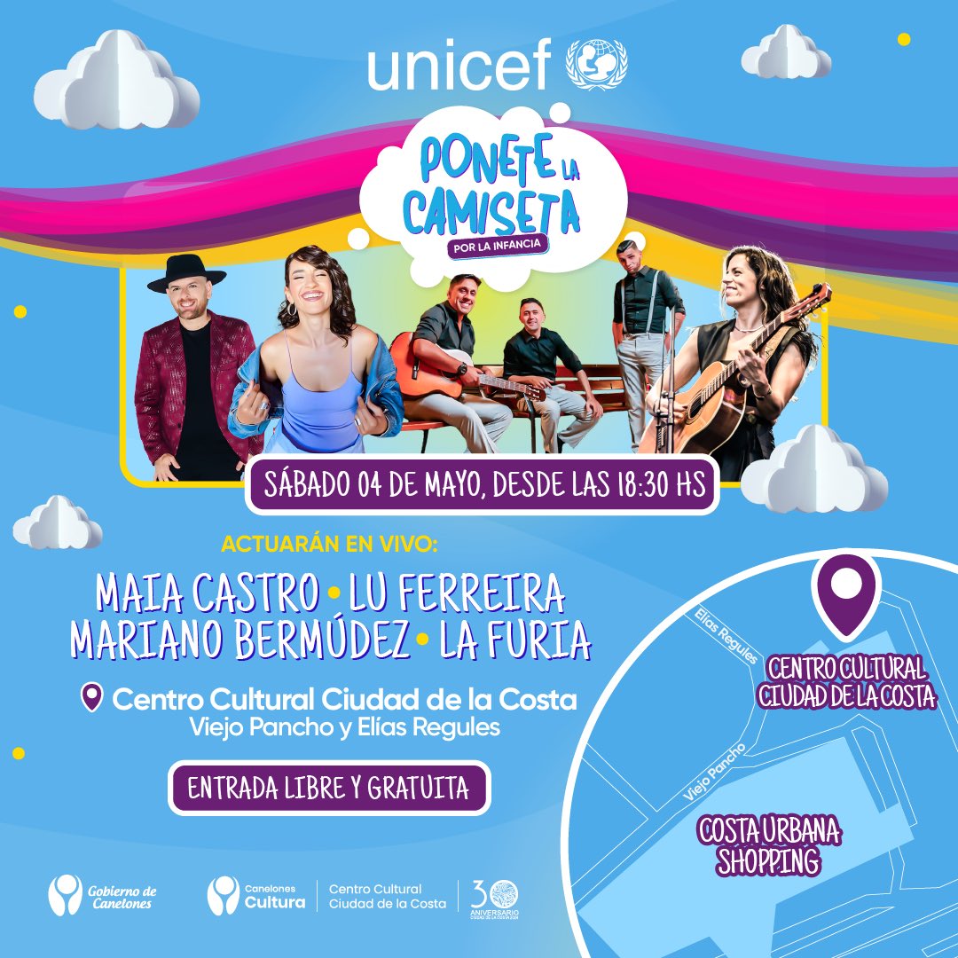 Te invitamos al Centro Cultural Ciudad de la Costa para disfrutar a pura música y otras sorpresas junto con @maiacastro1980, @FerreiraLuchita, @MarianoBMZ y La Furia! 🙌🏼🕺💃 🗓️ Sábado 4/5 ⏰ 18:30 h 🥳 ENTRADA GRATUITA ¡#PoneteLaCamiseta de UNICEF! 💙