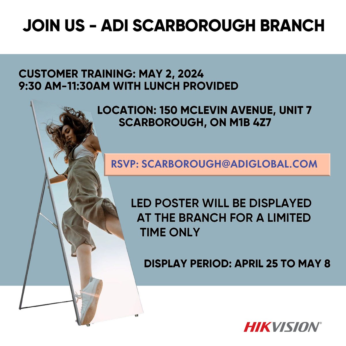 Don't forget to join us for an exclusive training session tomorrow at ADI Scarborough! 

Get a first look at Hikvision's latest innovations.

Time: 9:30 AM to 11:30 AM EST.
Lunch will be provided!

RSVP here: scarborough@adiglobal.com

#Hikvision #HikvisionCanada