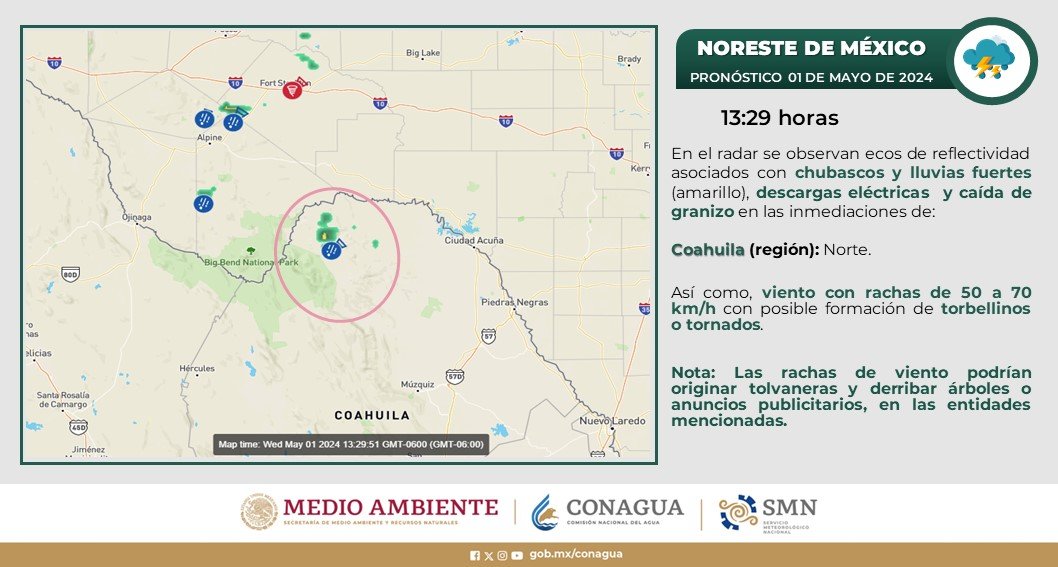 Se prevén #Chubascos y #Lluvias fuertes, #DescargasEléctricas y caída de #Granizo al norte de #Coahuila.🌧️ Más información en el gráfico ⬇️