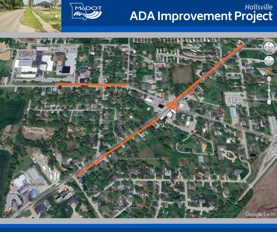 Hallsville residents – improvements to ADA facilities are beginning today, May 1, on the routes highlighted in the graphic Crews will do their best to minimize impacts to traffic while making these necessary improvements. Questions? Please call us at 888-275-6636.