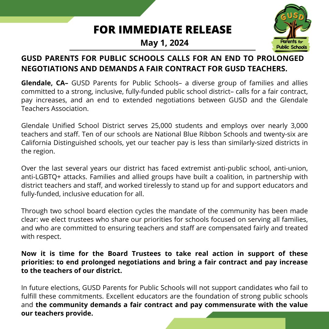 Press Release: GUSD PARENTS FOR PUBLIC SCHOOLS CALLS FOR AN END TO PROLONGED NEGOTIATIONS AND DEMANDS A FAIR CONTRACT FOR GUSD TEACHERS. (Full text in thread)