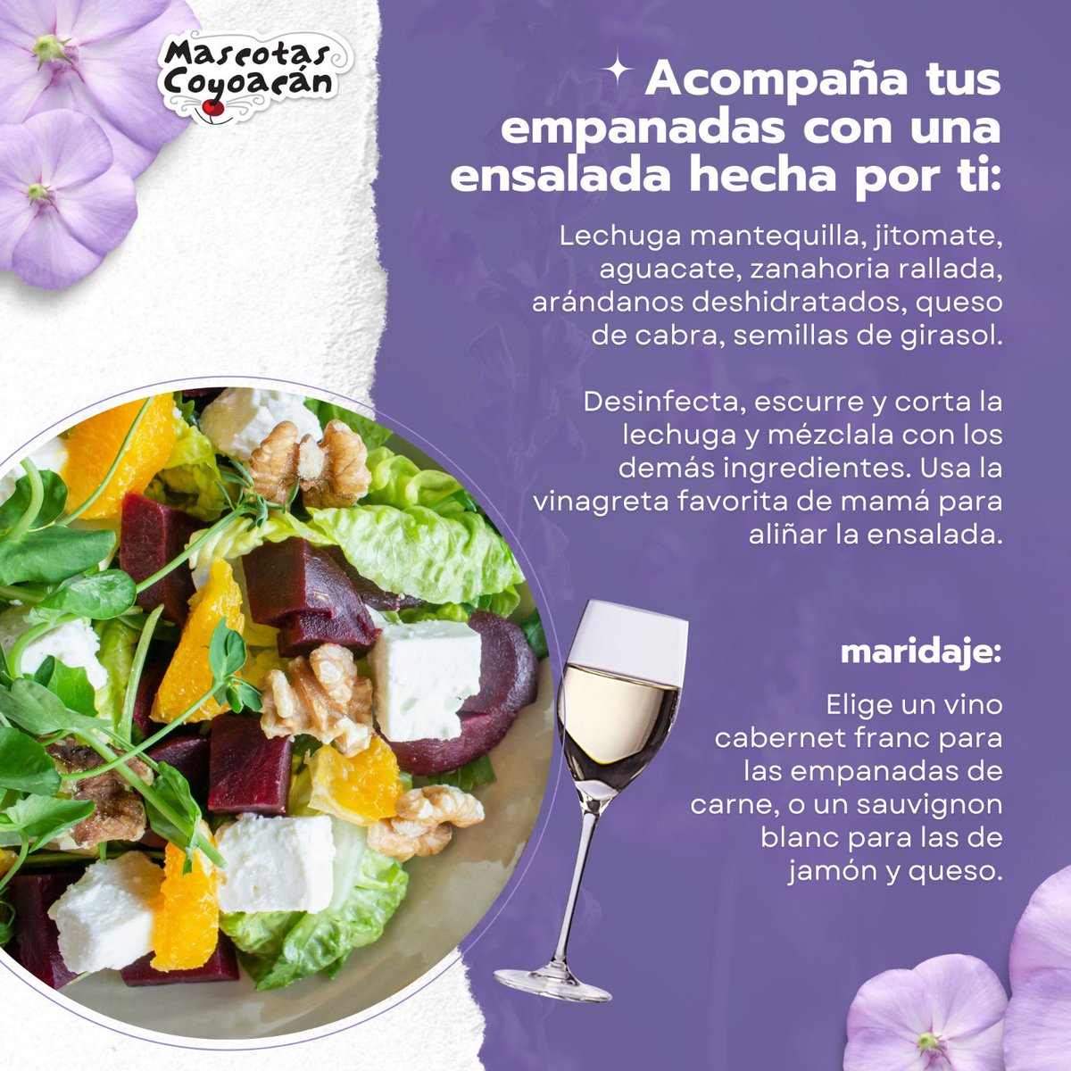 ¡El 10 de mayo mamá no cocina! Venta especial de Día de las Madres a beneficio de nuestros rescatados. Te dejamos unos consejos de ensalada y maridaje de vinos para hacer de tu menú algo más especial todavía. ¡Esperamos tus pedidos al WA al 55 1510 7035!