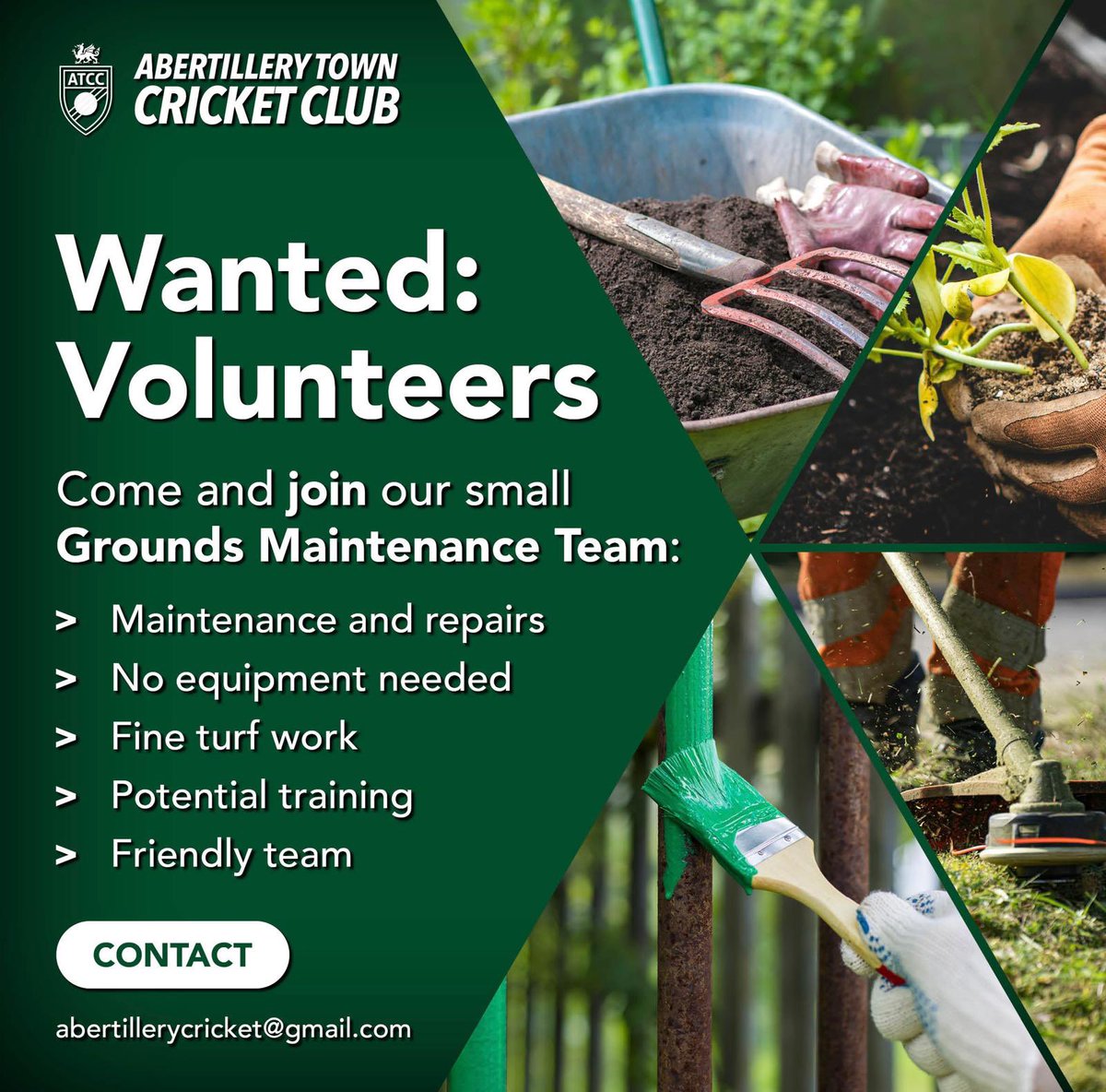 Great opportunity for anyone retired / have the spare time in #Abertillery. The #ATCC grounds maintenance team are looking to expand their work on our beautiful little corner of Abertillery Park and its environs. Please get in touch if you’d like to contribute to the team 🏏