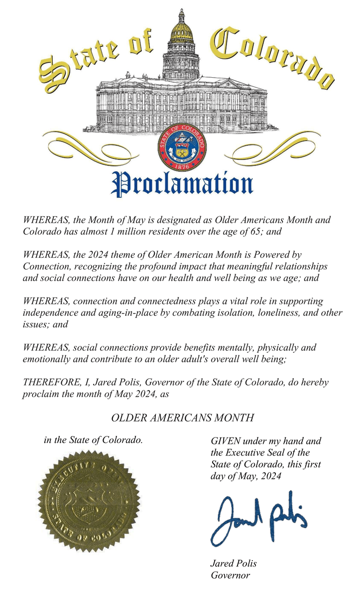 May 1 kicks off Colorado's observance of national Older Americans Month. This year's theme is #PoweredByConnection, which recognizes the impact that meaningful relationships and connections have on the health and well-being of our aging population. #OlderAmericansMonth2024