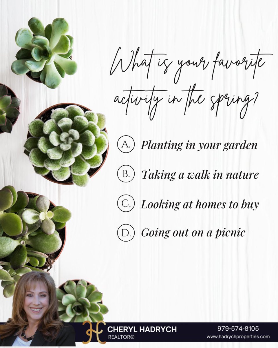 Succulents are always in, just like enjoying the fresh spring air! 🌱 Which springtime activity makes you bloom with happiness? A, B, C, or D? Cast your vote or comment below with your go-to spring thing! 🌤️ #SpringHasSprung #VibeCheck #GreenThumbGang