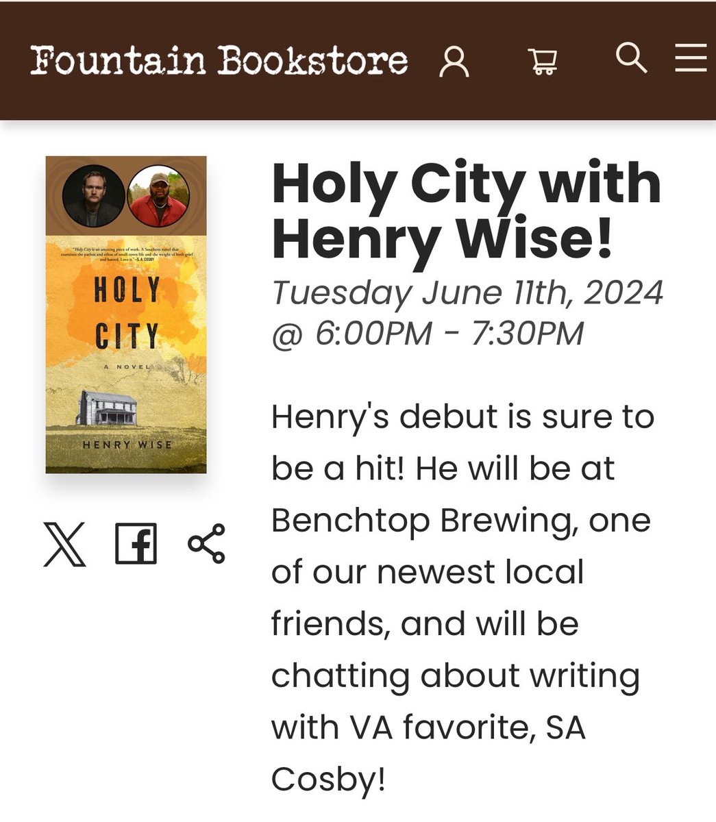 I’m thrilled to announce this upcoming @FountainBkstore event with none other than @blacklionking73. We’ll be at @Benchtopbrewing on Hull Street, Richmond, VA, June 11. This is truly an honor. Go here to register free for the event: eventbrite.com/e/holy-city-wi…