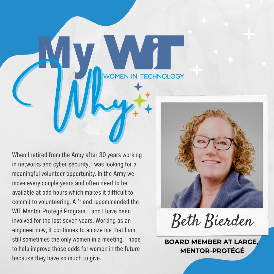 Meet Board Member at Large- Mentor-Protégé Elizabeth Bierden for this edition of #WhyWITWednesday! Her WIT Why? 'Because it’s an amazing organization connecting me with professional women working in or around technology!'
