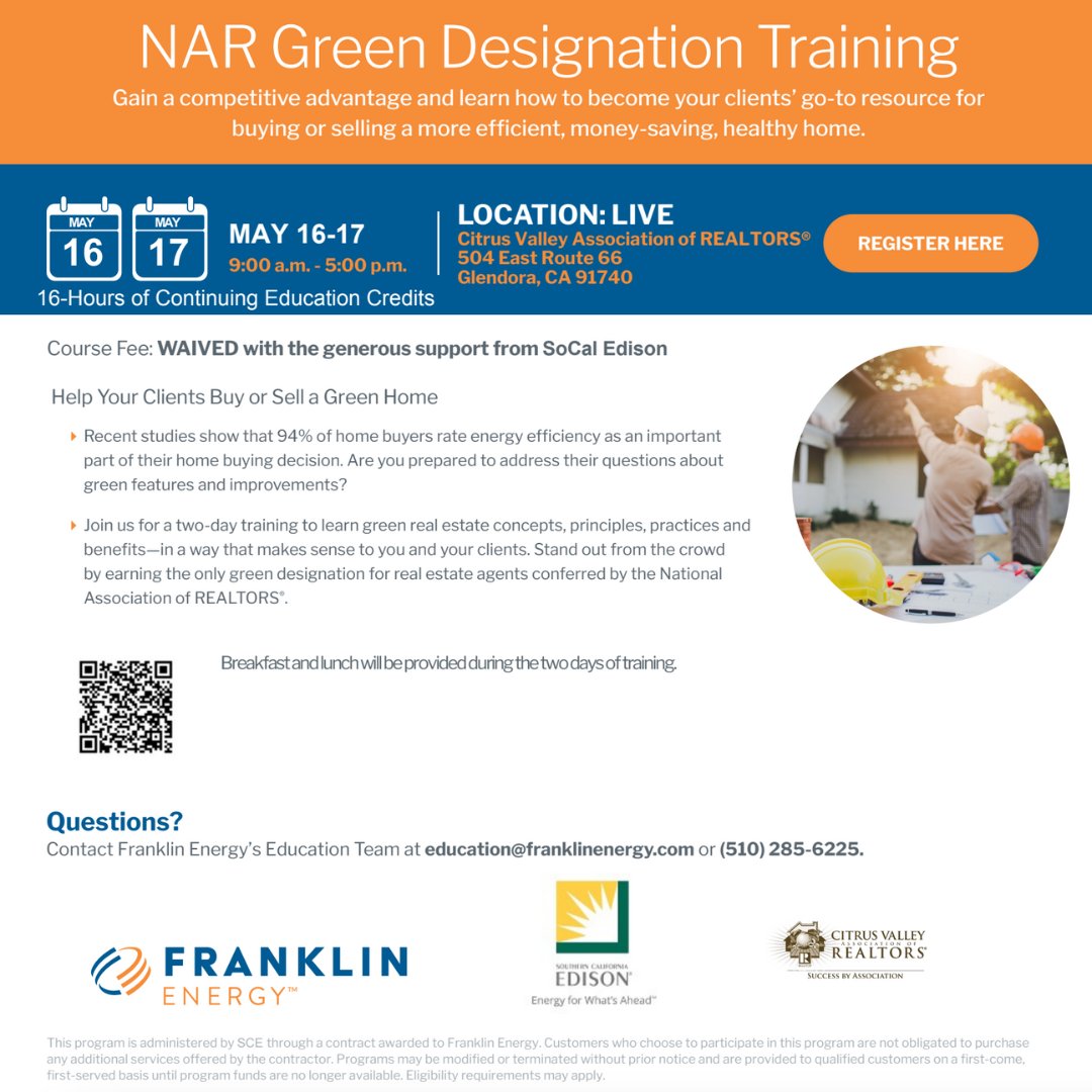 NAR Green Designation Training; Help your clients Buy or Sell a Green Home. Click the link in our bio to register.
#CVARmembers #CVAReducation #GreenHome