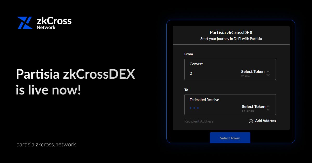 Partisia zkCrossDEX is now live! 🚀 As the first zero-knowledge cross-chain DEX, it leverages @partisiampc MPC tech for unmatched security and privacy in #DeFi. Experience seamless swaps and unparalleled access across blockchains🌐 🔗 partisia.zkcross.exchange $CROSS $MPC…