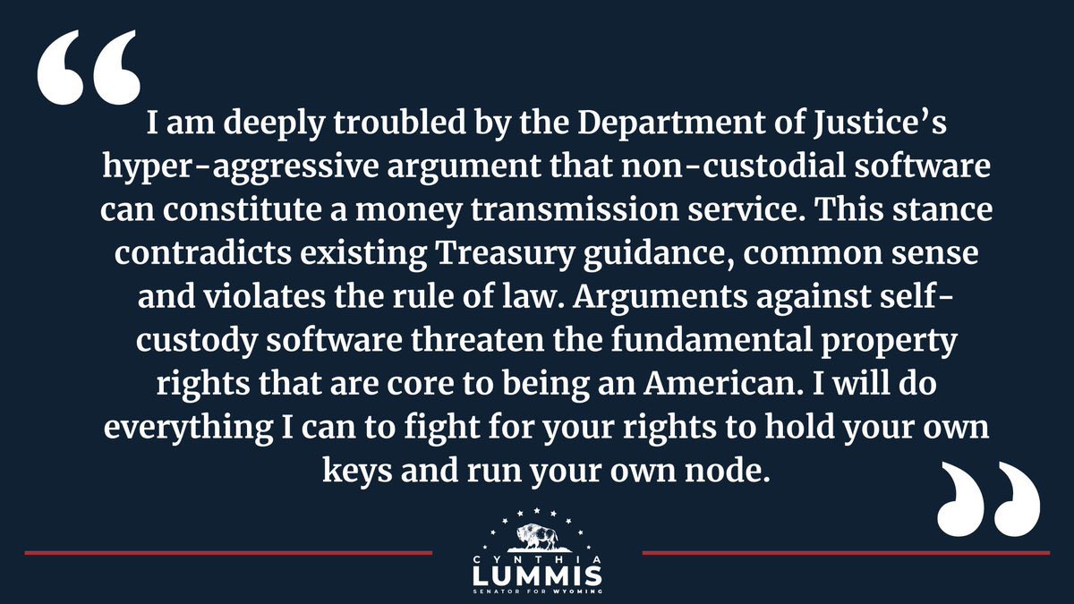 US Senator Cynthia Lummis expresses her worry about the Biden administration's 'attack on Bitcoin and decentralized finance,' stating, 'I will do everything I can to fight for your rights to hold your own keys and run your own node.' #bitcoin #biden #cynthialummis
