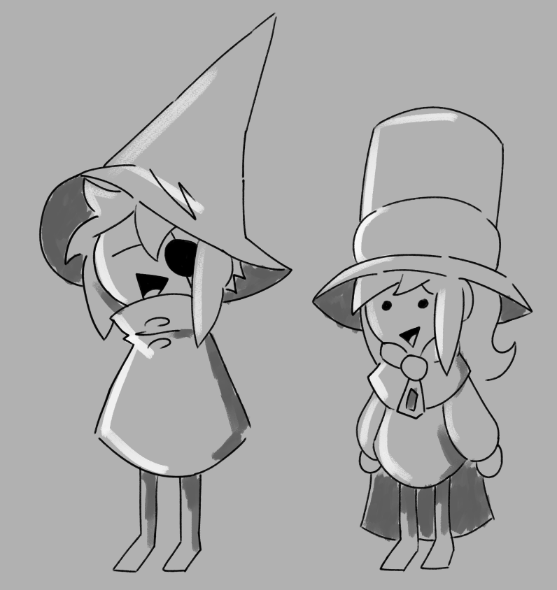 Two silly creatures with big hats from games about time #AHIT #AHatinTime #ISAT #InStarsandTime
