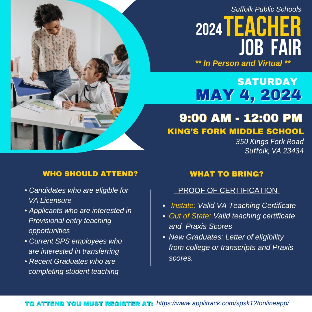 Join Team Suffolk! Suffolk Public Schools will host a teacher job fair on Saturday, May 4, 2024. This event will be held at King's Fork Middle School from 9 a.m. to 12 p.m. To attend, you must register at: applitrack.com/spsk12/onlinea… #SPSCreatesAchievers