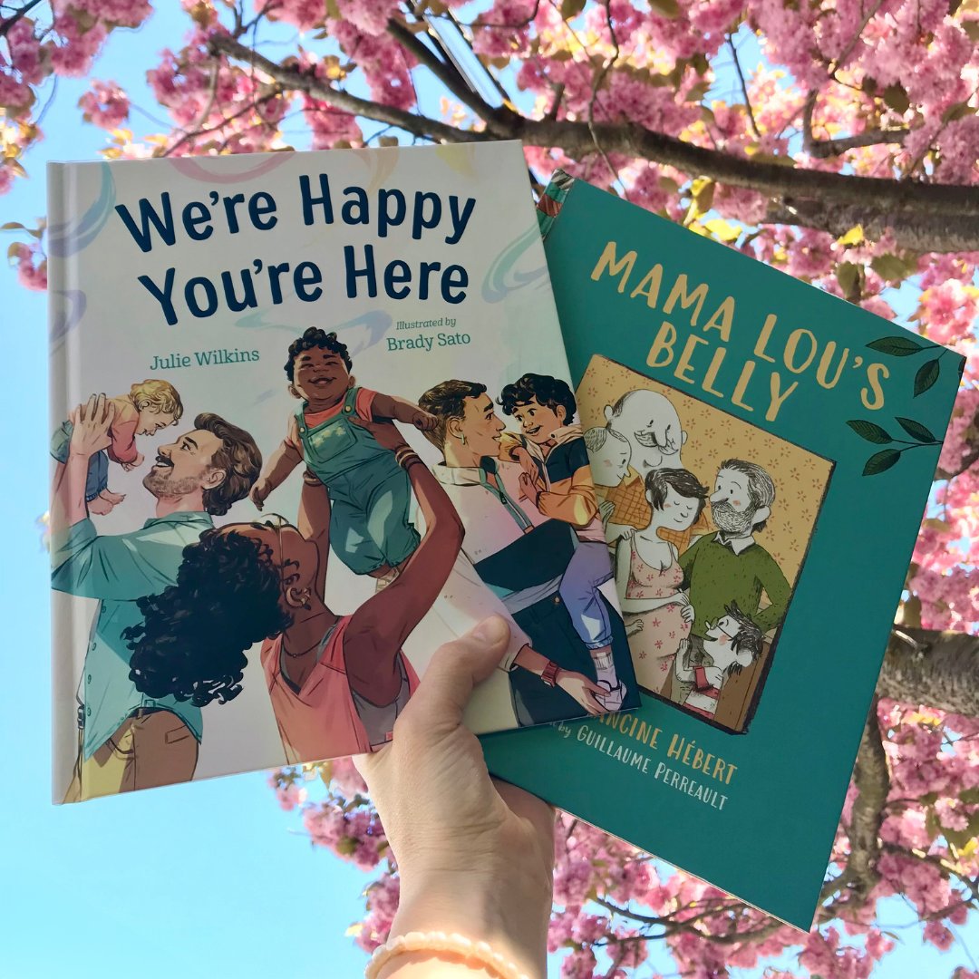 Two sweet picture books for expecting families! 📕 WE'RE HAPPY YOU'RE HERE by Julie Wilkins and Brady Sato 📘 MAMA LOU'S BELLY by Marie-Francine Hébert and Guillaume Perreault Find them at orcabook.com.