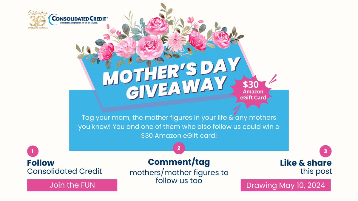 ‼️Contest Alert‼️ 
💰We’re giving you & one mother a chance to each win a $30 Amazon eGift Card!
📅Drawing 5/10/24
🏆To win, you both must be following us at time of drawing

General Contest Rules:ow.ly/sier50Ru1R8

🥳#ConsolidatedCredit #MothersDay #Giveaway ☎️844-450-1789