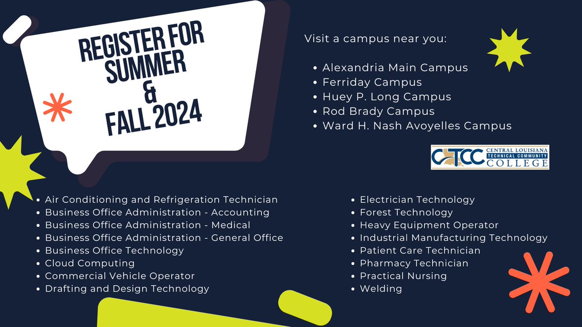 There's still time to register for Summer and Fall 2024! 🔗cltcc.edu/apply/returnin… 📧info@CLTCC.edu ☎️800.278.9855 #goCLTCC😸 #BobcatProud🐾