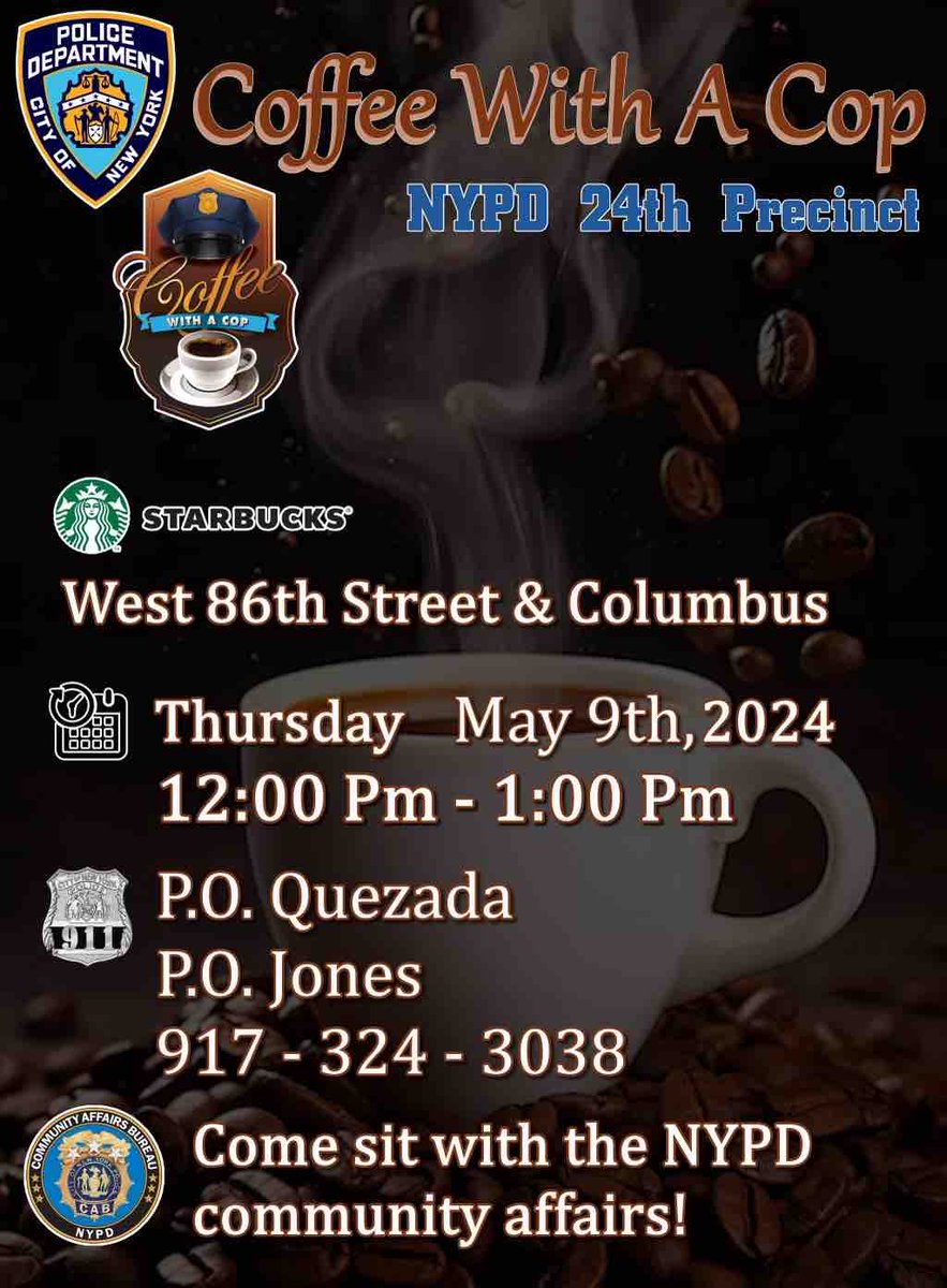 Grab a cup with your local cops! ☕️ Join us on May 9th at Starbucks for ‘Coffee with a Cop.’ It’s a great opportunity to meet your neighborhood officers, ask questions, and share a coffee. Check out the infographic below for more details. See you there! #CoffeeWithACop