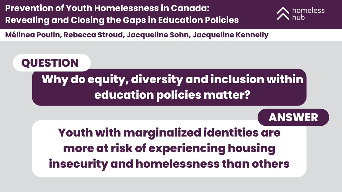 Q: Why do equity, diversity and inclusion within education policies matter? A: Youth with marginalized identities are more at risk of experiencing housing insecurity and homelessness than others. Learn more by reading this policy brief: bit.ly/3UydSnw