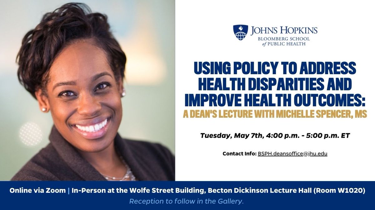 You're invited to a Dean's Lecture with HPM Practice Professor @Mich_Spen! The lecture takes place Tuesday, May 7th at 4 P.M. ET with a focus on how to address health disparities and improve health outcomes through policy. Click here to register: publichealth.jhu.edu/events/2024/de…