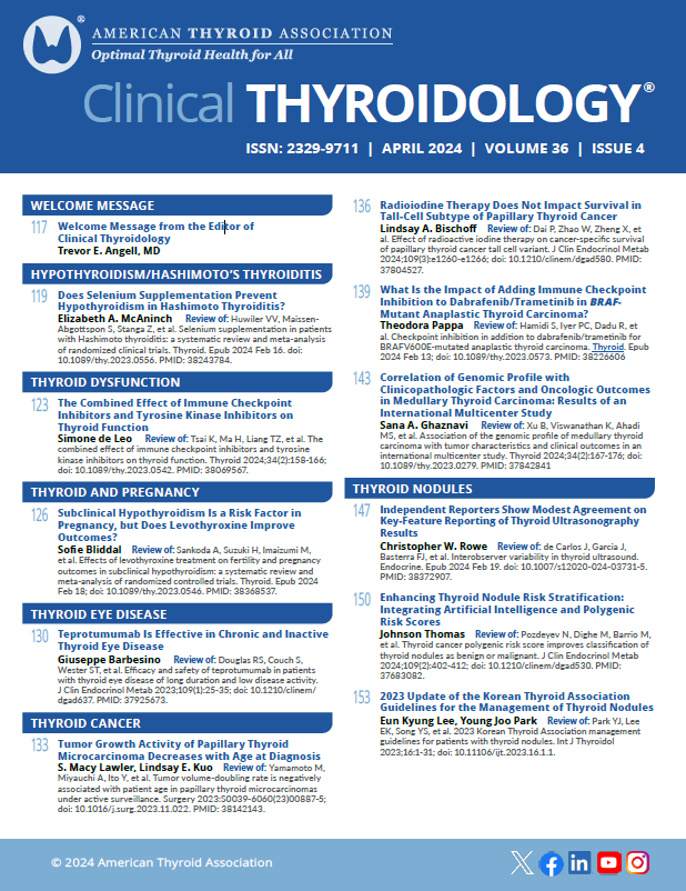 The April issue is ready to read! Stay on top of clinical #thyroid publications with expert reviews & insights. Follow for updates & latest reads.

ow.ly/Atif50Ru5AI

#endotwitter #medtwitter #thyroidawareness #thyroidcancer #hypothyroidism #hyperthyroidism