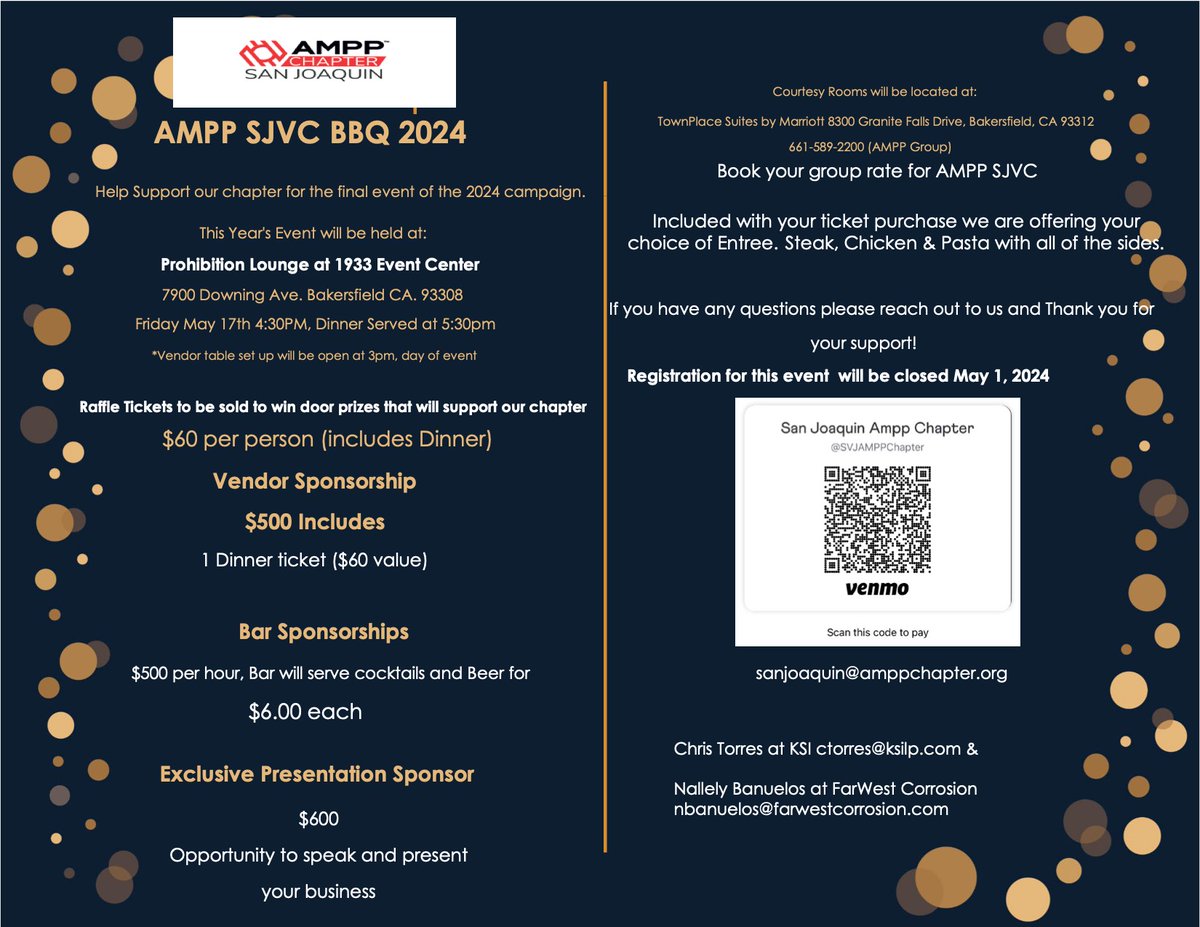 Come one, come all! Farwest is proud to attend and sponsor the AMPP's San Joaquin Chapter - Corrosion Show & Barbecue Dinner on Friday, May 17th. 

We are looking forward to connecting with customers, colleagues and industry friends. 

linkedin.com/feed/update/ur…

#CorrosionControl