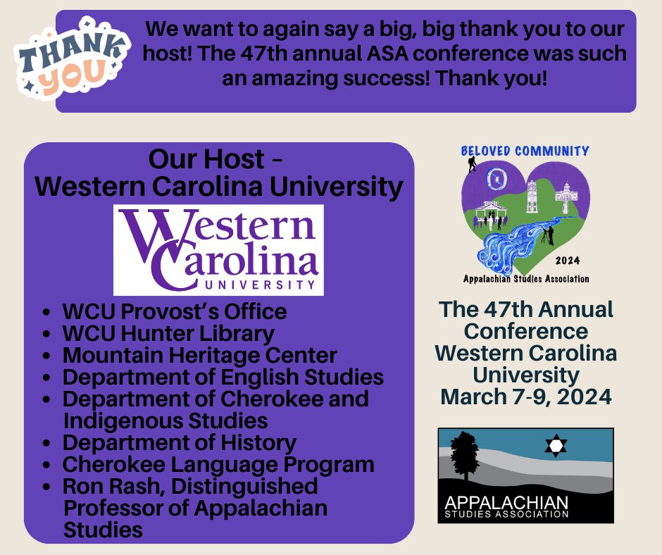 We want to again say a big, big thank you to our host! The 47th annual ASA conference was such an amazing success! Thank you!

#BelovedCommunity #appstudies2024 #appalachianstudies #appalachia #appalachian #appstudies #asa #Asainaction
