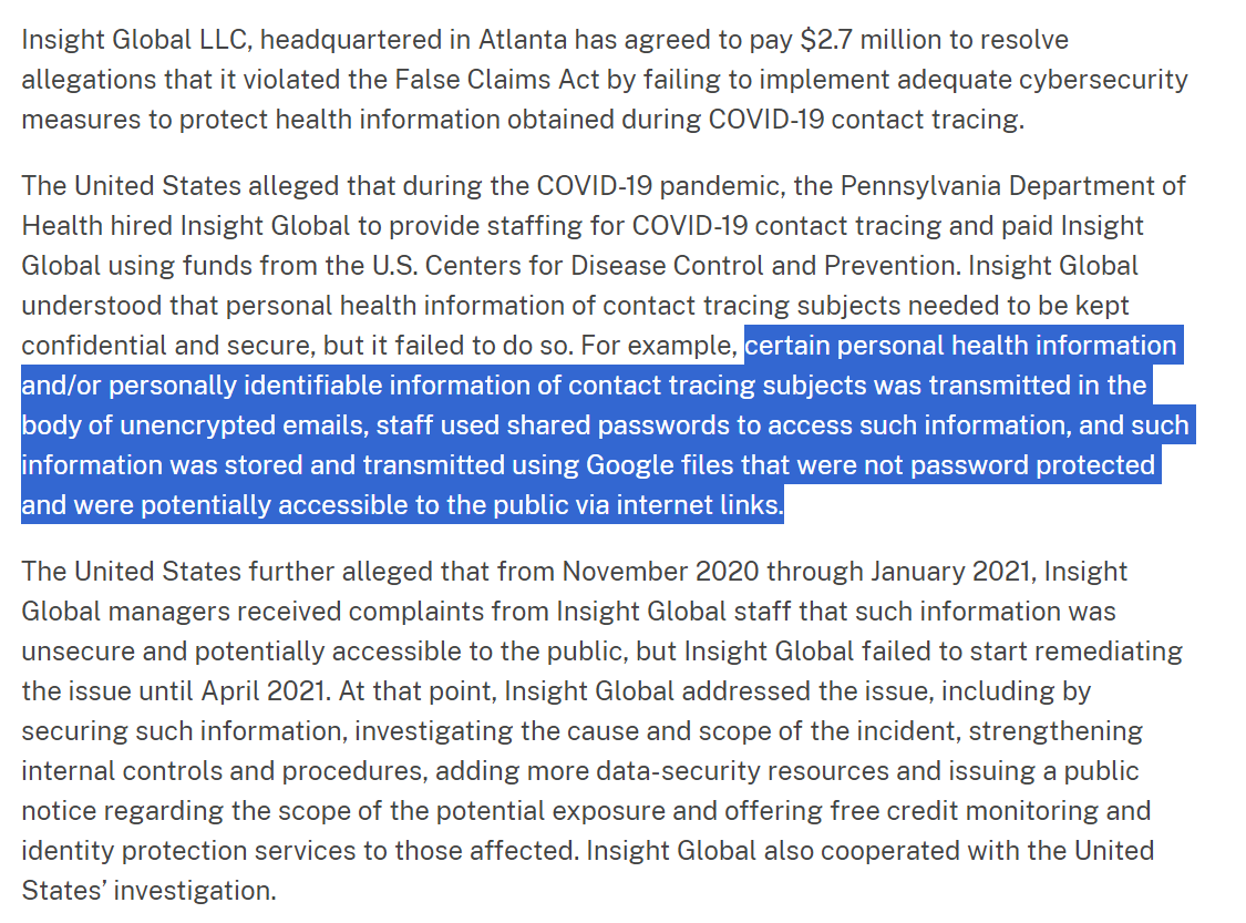As part of its Civil Cyber-Fraud Initiative, DOJ secures a $2.7 million settlement from a staffing company that epically failed to protect sensitive data collected during Covid-19 contact tracing, despite staff warnings to managers about failures. justice.gov/opa/pr/staffin…