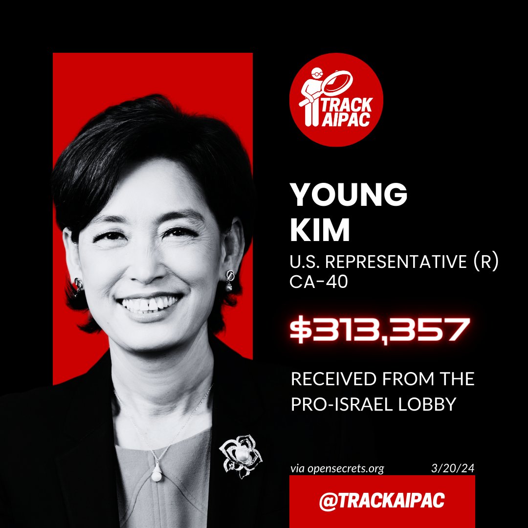 @RepYoungKim AIPAC is Young Kim's top contributor. She is paid to peddle Israeli propaganda and push the lobby's preferred legislation in our federal government. The representative is compromised. #RejectAIPAC