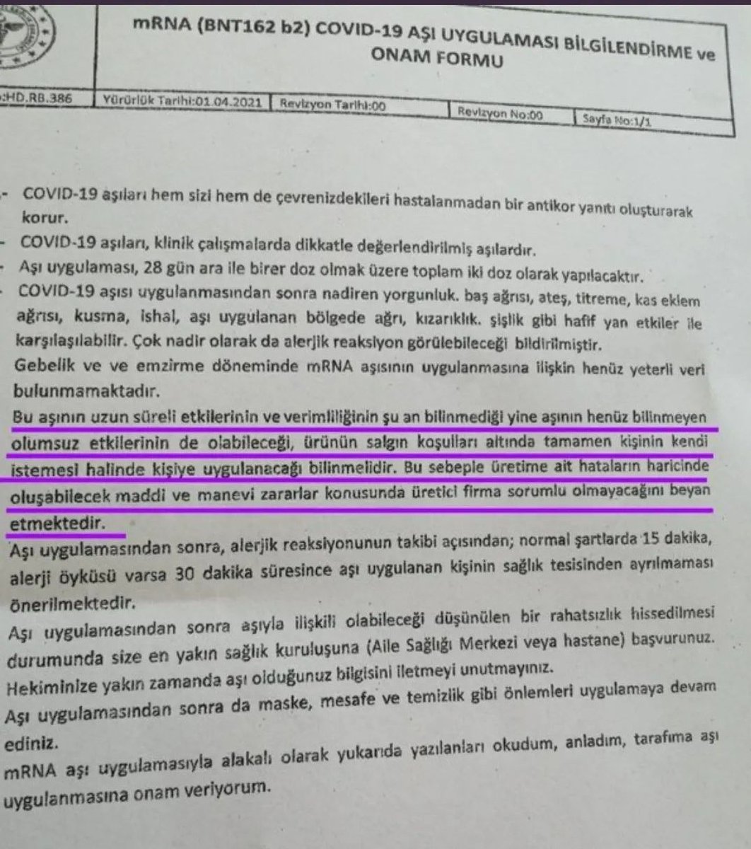 @kalpkrizleri Sağlık bakanlığı 
Aşı onam formunda aşının henüz bilinmeyen 
(ölüm ve sakat kalma dahil)
'OLUMSUZ'
etkileri de olabilir