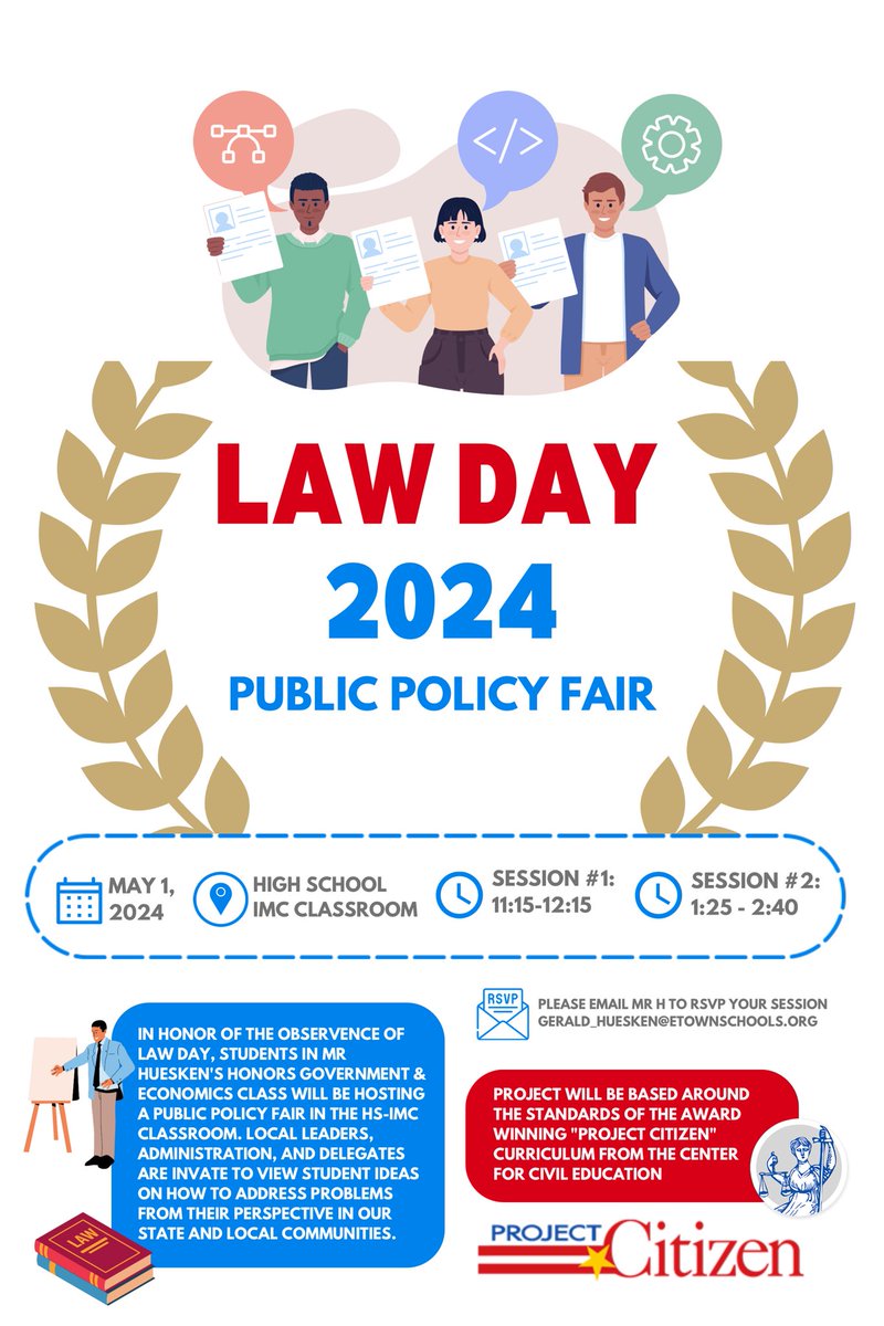 Today, in honor of #LawDay, students in my 11th Grade #HonorsGov classes participated in a public policy fair with local leaders & stakeholders. Their project were based around the award-winning #ProjectCitizen curriculum from the @CivicEducation @EtownAreaHS @etownPAschools