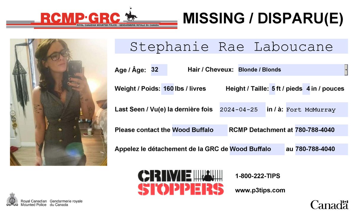 #Missing: Stephanie Laboucane, 32, #WoodBuffalo. Last seen at the provincial building in #FortMcMurray before boarding RMWB transit wearing a black jacket and baseball hat.