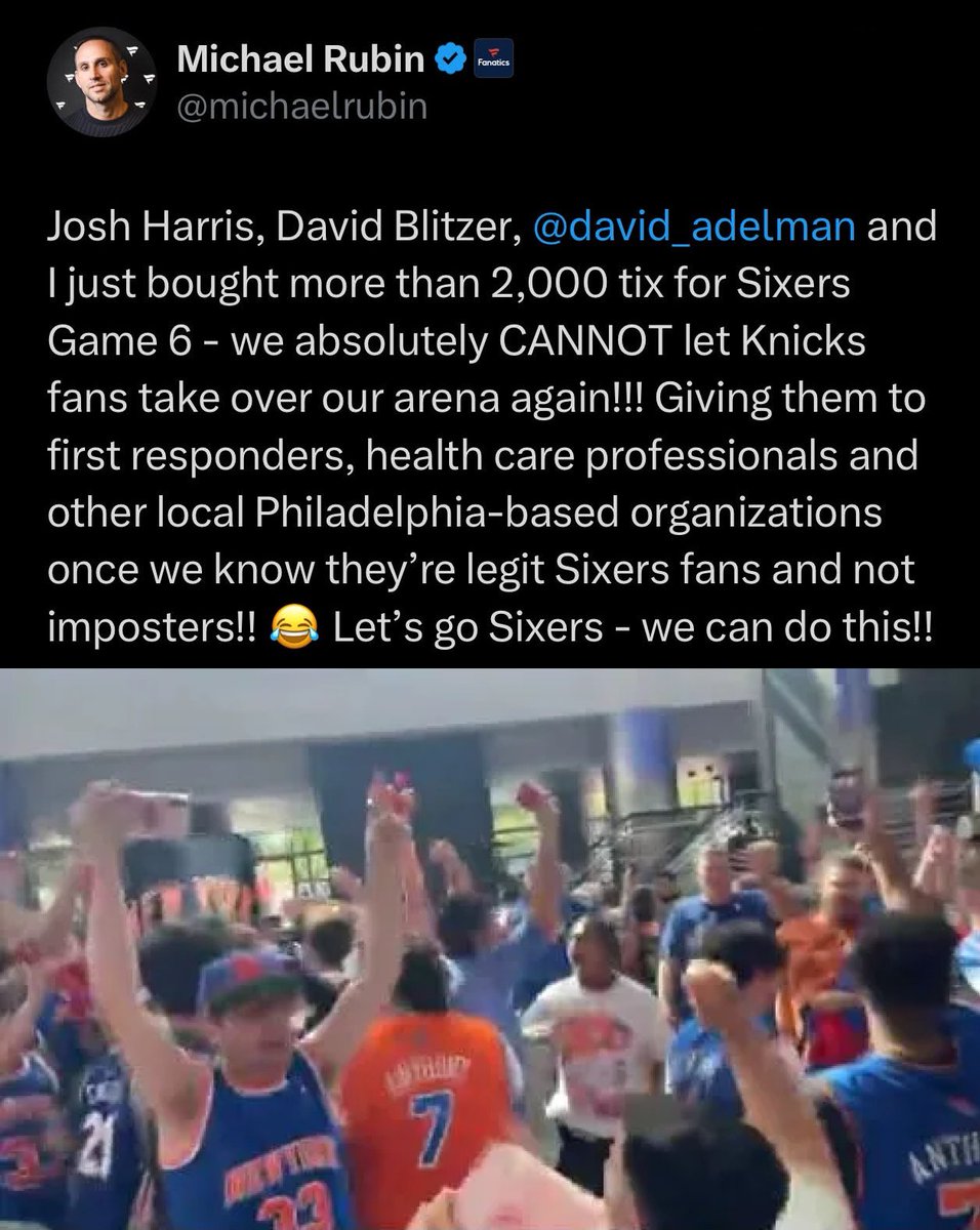 Sixers ownership is making sure Knicks fans don't take over Philly for Game 6 😅 (via @michaelrubin)