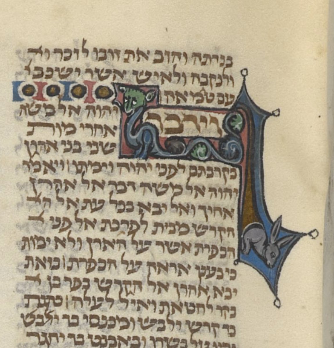 The initial-word of the Torah portion Acharei Mot (אַחֲרֵי מוֹת) is surrounded by two hybrid creatures. #parashahpictures BL Add MS 11639; 'The Northern French Miscellany'; 1277-1324 CE; f.61r @BL_HebrewMSS @BLAsia_Africa