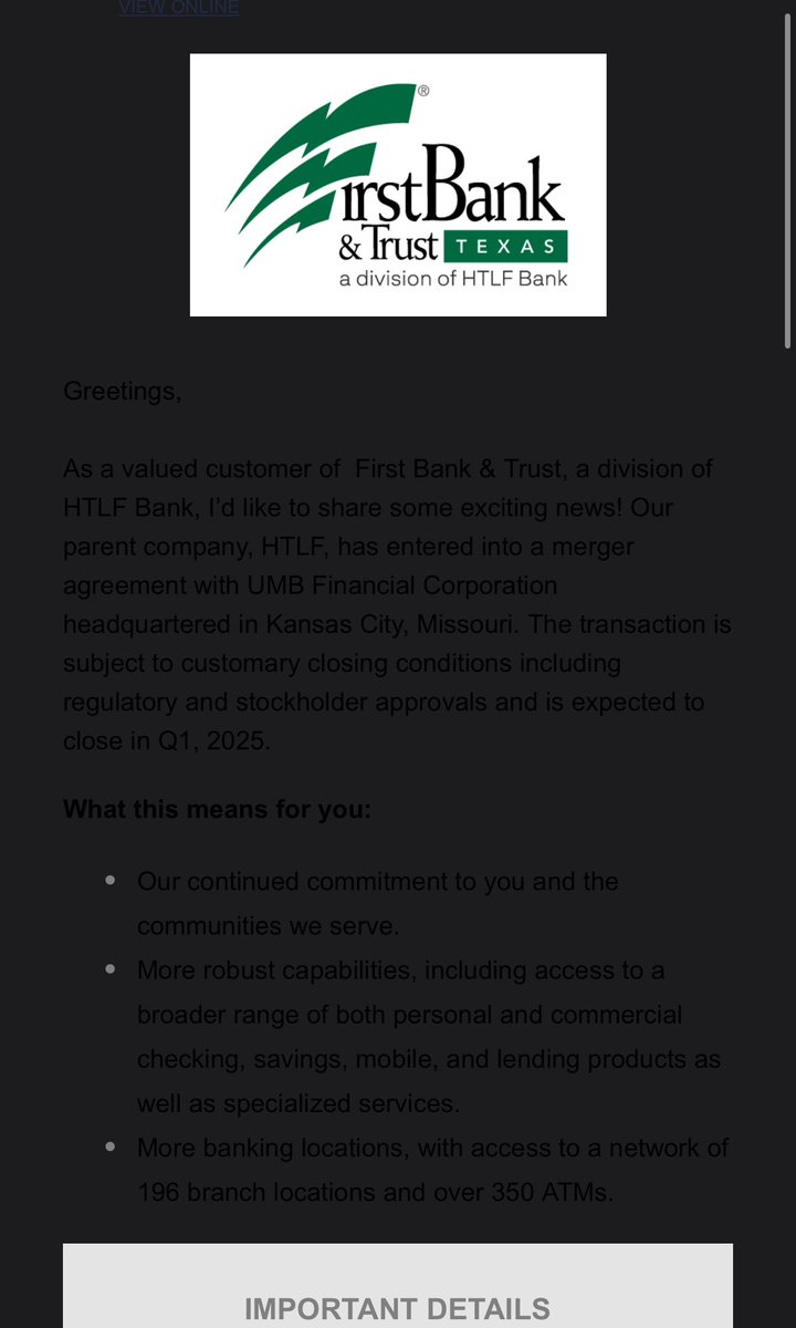 LeeLarimore's tweet photo. @FirstBank_Trust doesn’t really want you to see the contents of the email. Is your bank local, no it hasn’t been since the first merger, and now we get another one. https://t.co/oXikEc3o51
