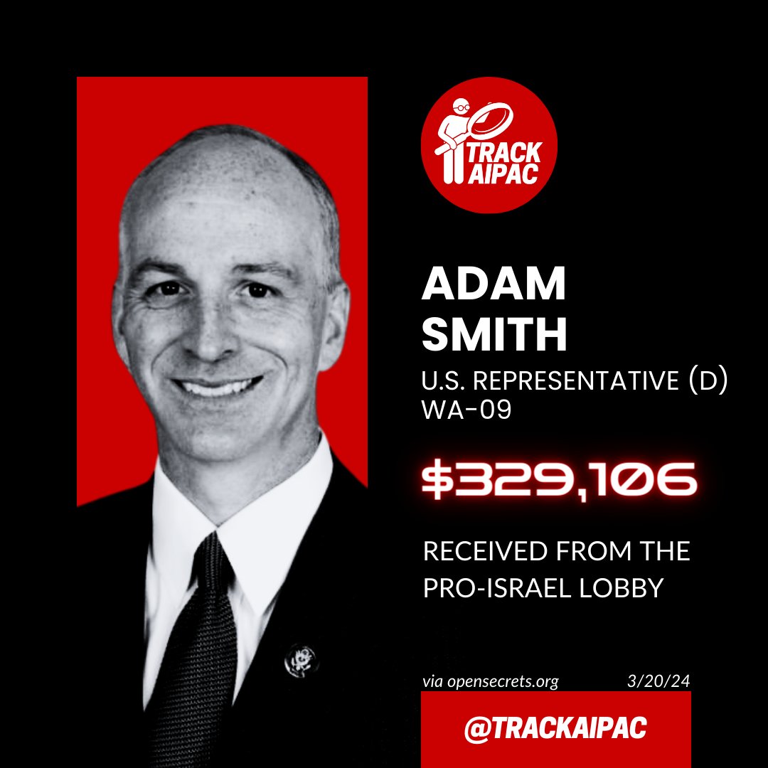 @RepAdamSmith @CongressionalAC Idea: an app to list the amount of Israel lobby money Congressmembers receive and how their votes line up. Example: Adam Smith has received >$329,000 from AIPAC and their allies. Rep. Smith has a 10% score on the Congressional Democrat Palestine Tracker. And then some quick