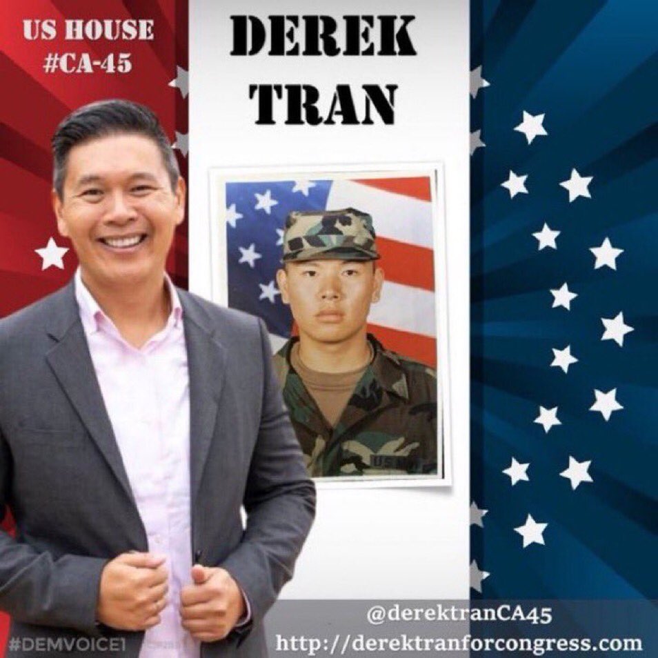 #DemVoice1
#DemsUnited
Derek Tran is an Army Veteran, Consumer Rights Attorney and a small business owner. 

He’s running for US House #CA45 to Flip it Red to Blue. 

Did you know Derek is the son of refugees? His parents fled the Communist regime in Vietnam, allowing their…