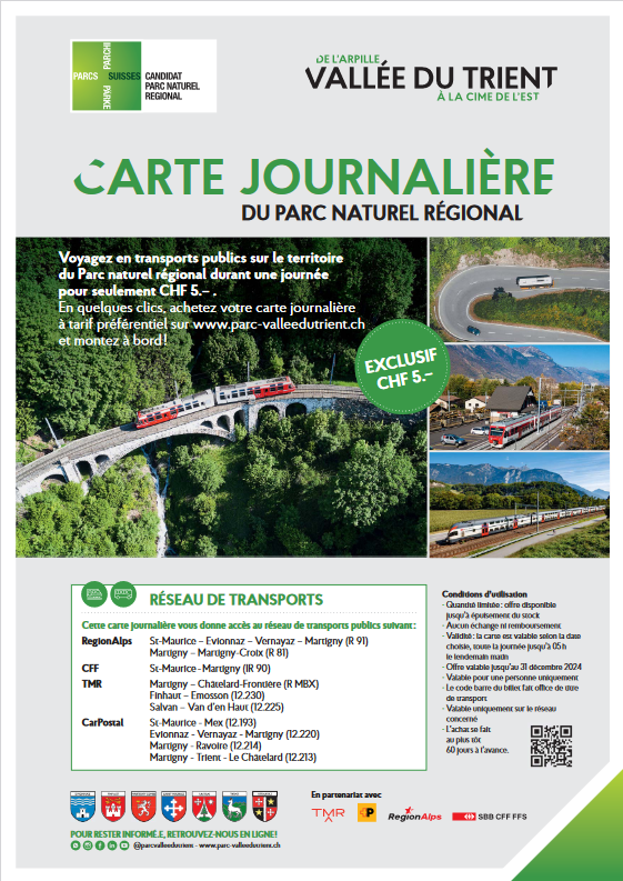 assoARDSL's tweet photo. Avec @RailService @CarPostal #RegionAlps et #TMR, le PNR du @Val_du_Trient propose une carte journalière à tarif préférentiel valable sur le réseau de transports publics du territoire
https://t.co/TVfeyDCrMc https://t.co/bONBfIwVm0