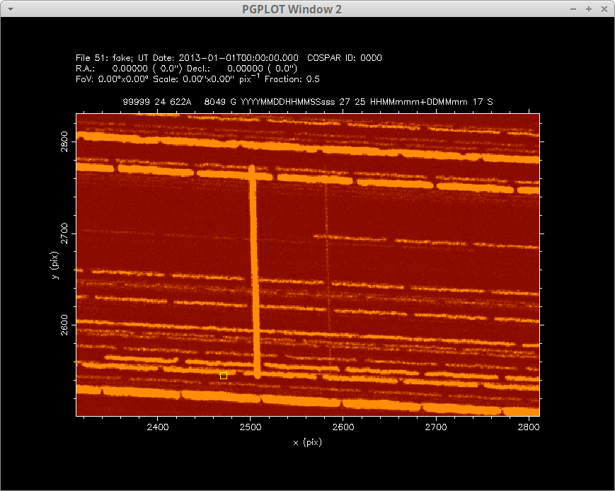 More data reduced from the mysterious pair of unidentified satellites. In this plot you can see a stack of 50 images taken during part of the observation session. Astrometric positions reduced and submitted to Seesat-l for analysis...