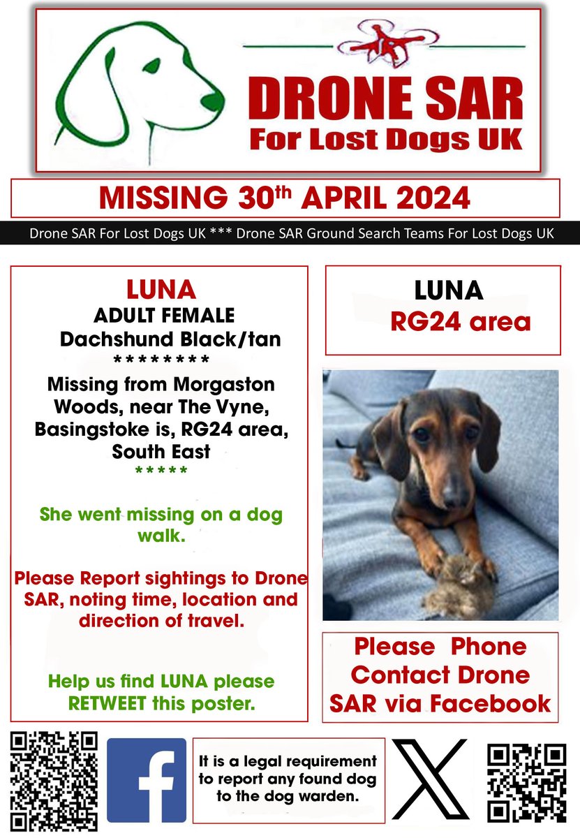 #LostDog #Alert LUNA
Female Dachshund Black/tan
Missing from Morgaston Woods, near The Vyne, Basingstoke is, RG24 area, South East on Tuesday, 30th April 2024 #DroneSAR #MissingDog