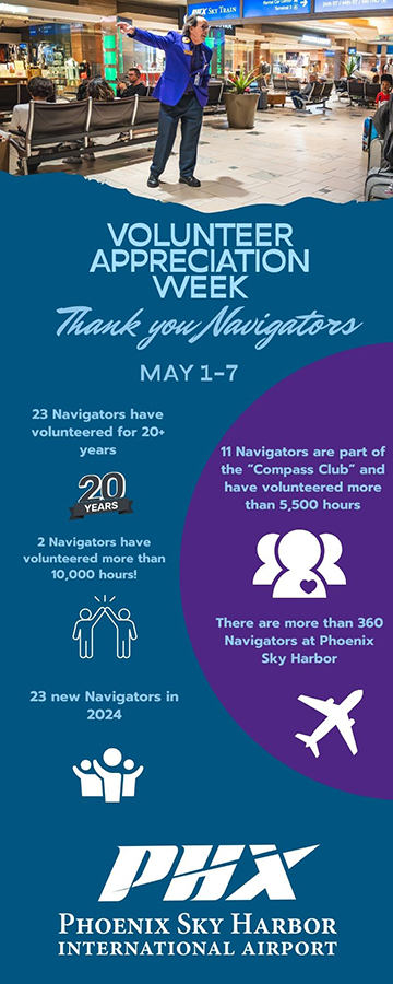 Thank you to our Navigators! Today we kick off Volunteer Appreciation Week at Phoenix Sky Harbor. Join us in thanking the more than 360 Navigator volunteers that help make us #AmericasFriendliestAirport®! 💜