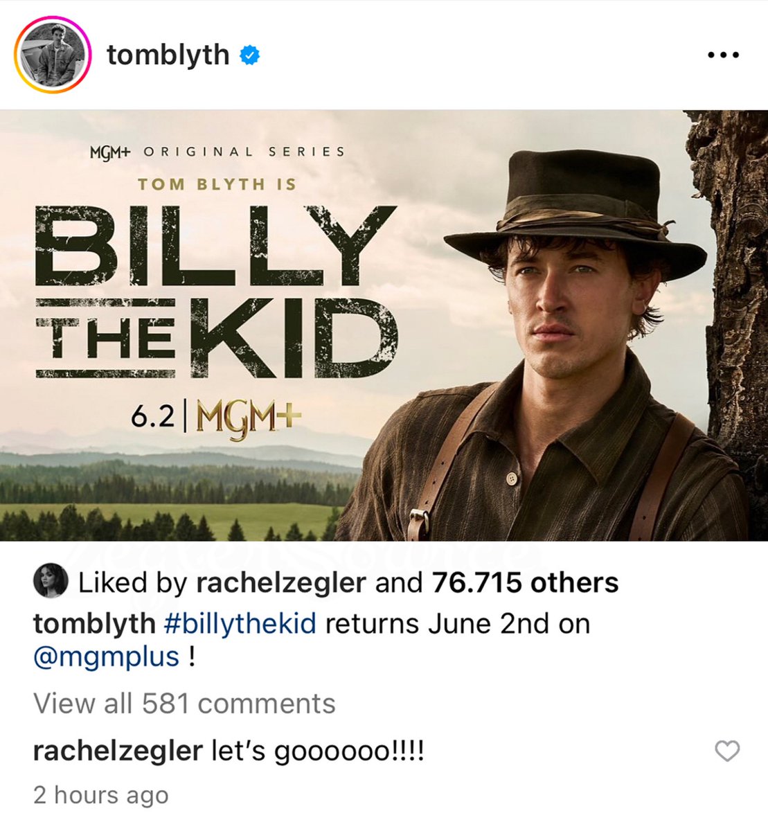 Rachel has liked and commented on Tom Blyth’s new post: