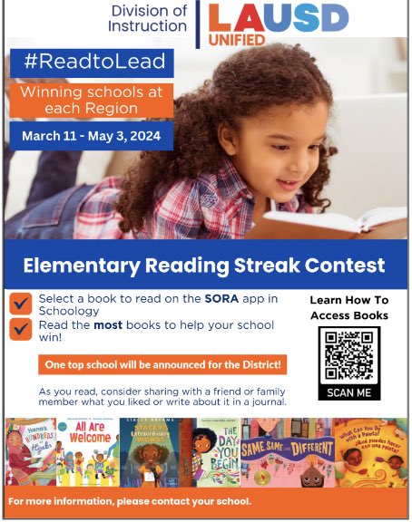 Our #Read2LeadLAUSD challenge is winding down. But students don’t let up now. Continue to check out your favorite titles on #sora. Winning schools will be announced soon. #LAUSDReads