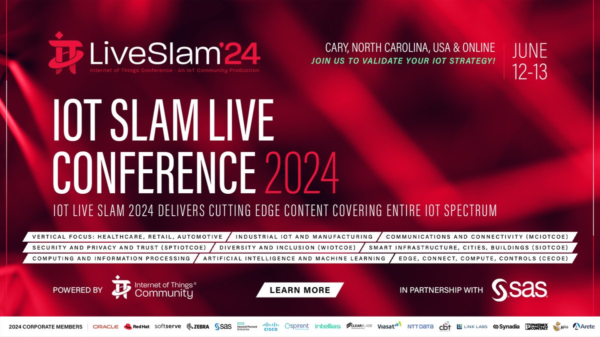 Just over 40 days to go until the Internet of Things event of the Summer, the #IoTCommunity #IoTSlam Live 2024. Join us live Weds June 12th & Thurs June 13th from @SASsoftware HQ Cary NC & online via Linkedin Live. Click on the link below to register. iotslam.com/iot-slam-live-… #IoT