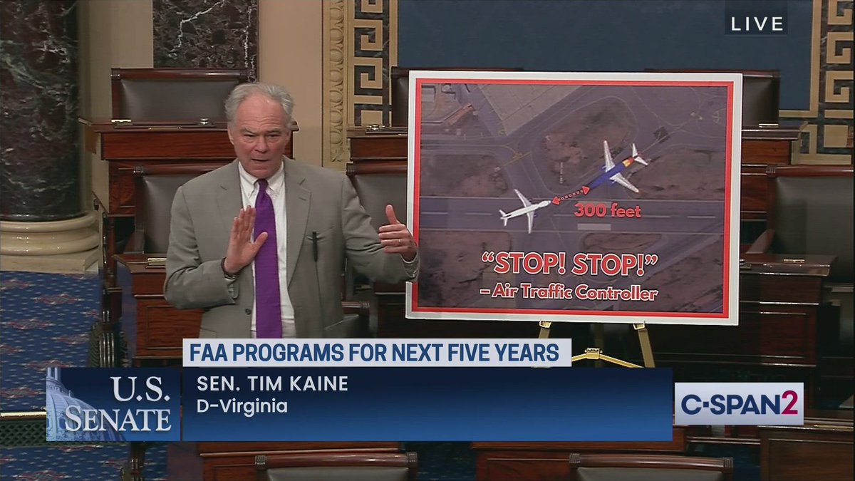 All 4 DMV area Senators Cardin, Kaine, Van Hollen and Warner opposed ending a filibuster against the 5-year FAA bill because of the bill's provision adds flights at DCA. Kaine announced on the Senate floor he plans to file an amendment to remove the slots provision from the bill.