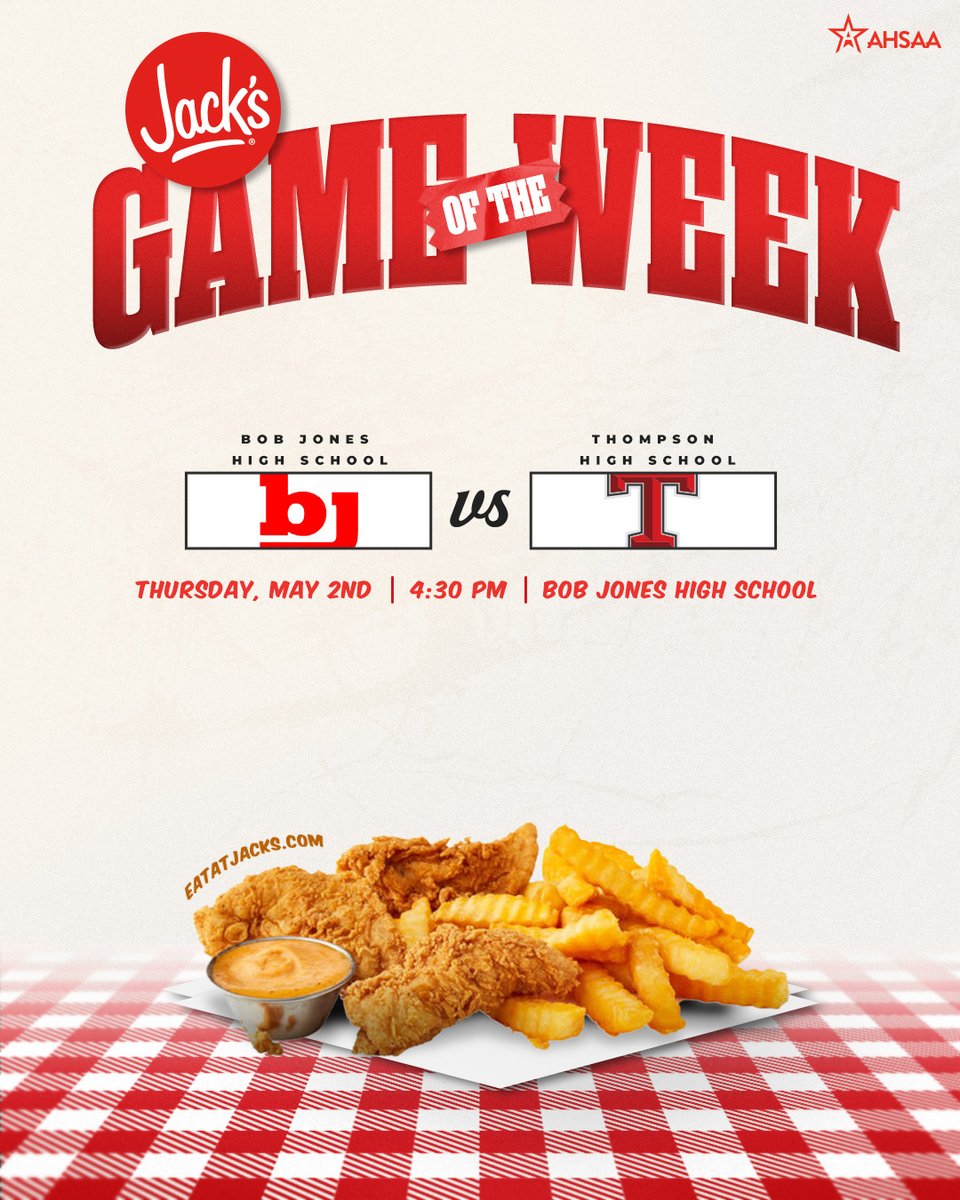 Round 2 of the 7A Baseball Playoffs sets the stage for this week's @eatatjacks GOTW. Come out Thursday afternoon to watch Bob Jones take on Warriors in Game 1 of a best-of-3 series. Be sure to stop by your local Jack's on the way! Download the app: eatatjacks.com/pages/rewards