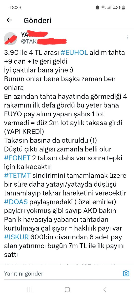 #EUHOL Fırıldak-Yalan yapıcı EUHOL ile ilgili Selçuk'a 3-4 seferdir kendi çapında laf çarpıtıyor. Külliyen yalan ve her zamanki gibi hava cıva. EUHOL'de büyük zarar etti. Sonrasında en az 3 kez trade denedi ama hepsinde hüsrana uğradı. Görselde kendi ağzından itirafı ortada 😏