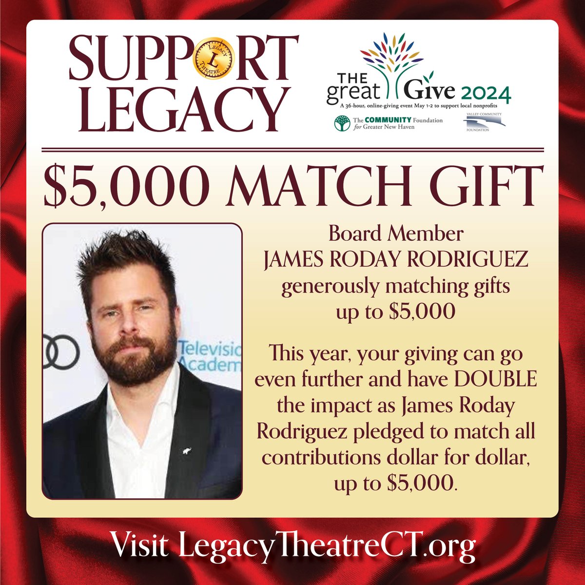 Today is the second (and final) day of The Great Give! Our Board Member, James Roday Rodriguez, is generously matching gifts up to $5,000. Double your impact and give now!

legacytheatrect.org/greatgive

#legacytheatrect #thegreatgive #newhavenct #greatgive2024 #supportlivetheatre