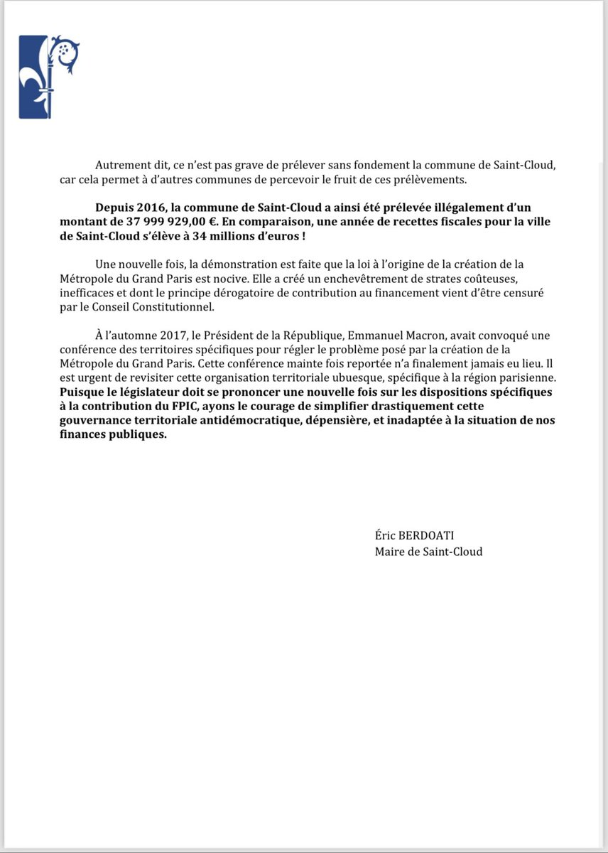 Le Conseil Constitutionnel censure la péréquation au sein de la Métropole du Grand Paris et donne raison à la ville de Saint-Cloud
