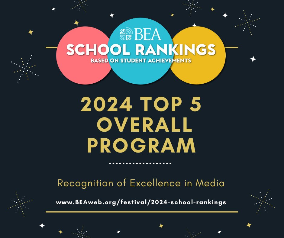 The long awaited 2024 BEA Rankings are out! Congratulations to the top 5 Overall Programs @ASU @Cronkite_ASU @GaylordCollege @SyracuseU @NewhouseU @UFlorida @UFJschool @MissouriState. The school rankings are based on the #BEAfestival results. beaweb.org/festival/2024-…