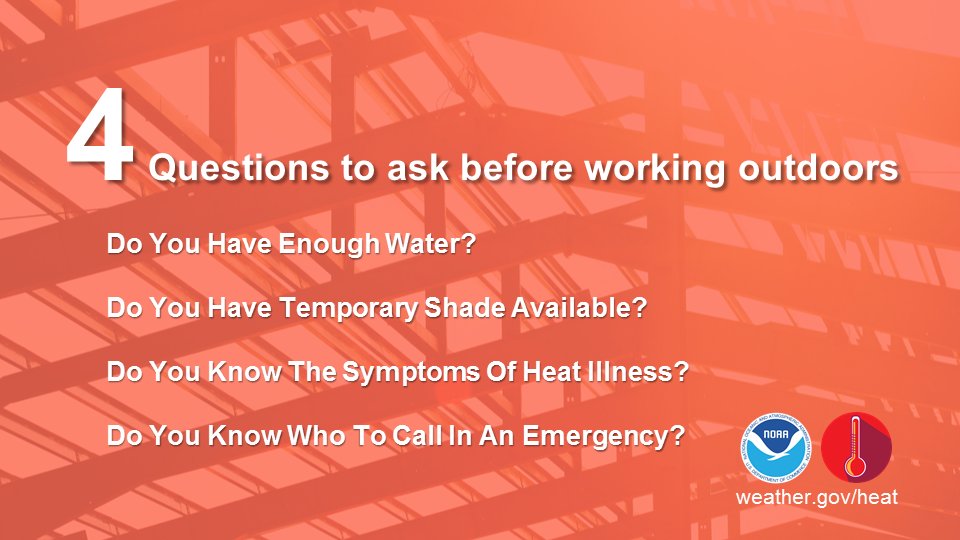 Four questions you need to ask yourself prior to working or playing outdoors. osha.gov/heat #NIHHIS #HeatSafety #INwx #nwsind
